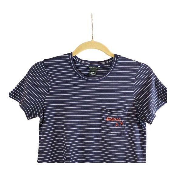 Club Monaco Leary Embroidered Bisous XX Striped Pocket Tee French Women's XS - Picture 4 of 7